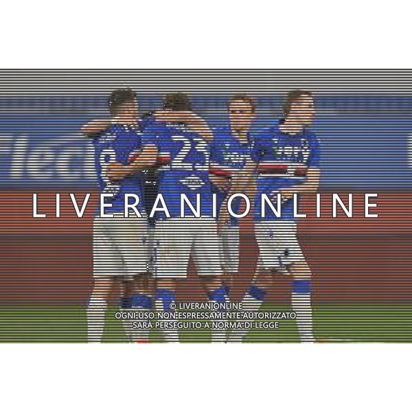Vigoa/LMedia - UC Sampdoria vs AS Roma - Italian football Serie A match 2020/2021 02 May 2021 - Luigi Ferraris stadium, Genova, Italy Photo showing: Team Sampdoria, celebrates after scoring a goal @Vigoa/LMedia AG ALDO LIVERANI SAS