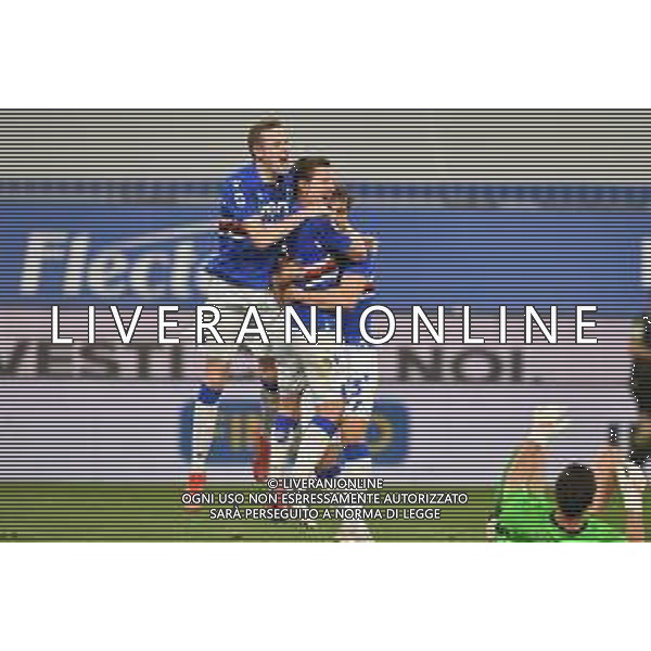 Vigoa/LMedia - UC Sampdoria vs AS Roma - Italian football Serie A match 2020/2021 02 May 2021 - Luigi Ferraris stadium, Genova, Italy Photo showing: JAKUB JANKTO (Sampdoria), ADRIEN SILVA (Sampdoria), MANOLO GABBIADINI (Sampdoria), celebrates after scoring a goal @Vigoa/LMedia AG ALDO LIVERANI SAS