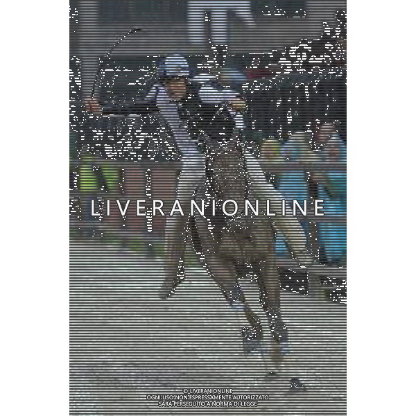 © TVRG Il fantino Andrea Mari vincitore di 6 edizioni del Palio di Siena e di 1 edizione del Palio di Legnano nella foto Andrea Mari vince il Palio di Legnano del 2016 con i colori della contrada San Martino foto Roberto Garavaglia/agenzia Aldo Liverani