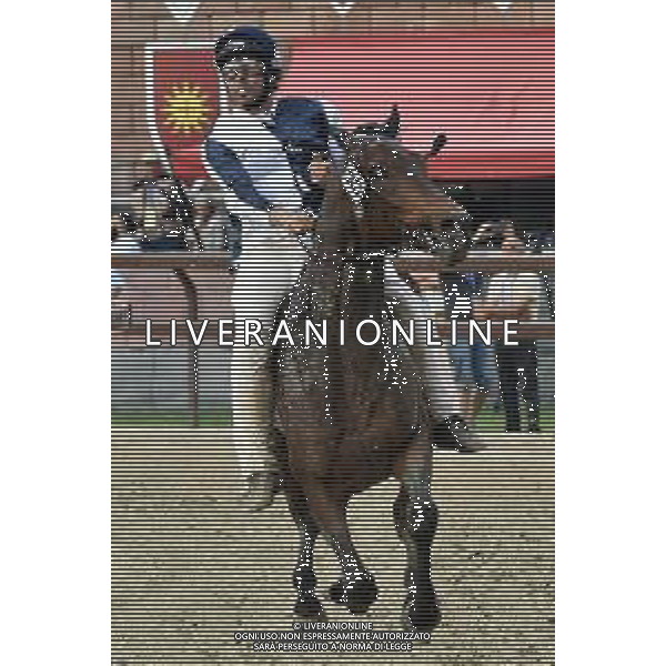 © TVRG Il fantino Andrea Mari vincitore di 6 edizioni del Palio di Siena e di 1 edizione del Palio di Legnano nella foto Andrea Mari al Palio di Legnano del 2018 con i colori della contrada San Martino foto Roberto Garavaglia/agenzia Aldo Liverani