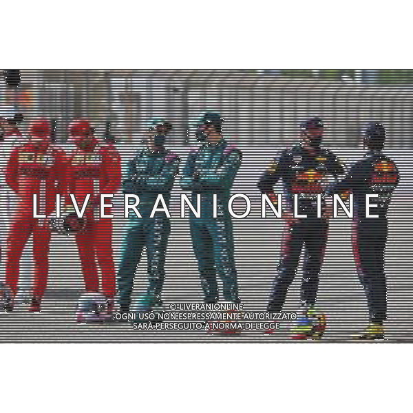 (L to R): Charles Leclerc (MON) Ferrari; Carlos Sainz Jr (ESP) Ferrari; Sebastian Vettel (GER) Aston Martin F1 Team; Lance Stroll (CDN) Aston Martin F1 Team; Max Verstappen (NLD) Red Bull Racing; Sergio Perez (MEX) Red Bull Racing. 12.03.2021. Formula 1 Testing, Sakhir, Bahrain, Day One. - www.xpbimages.com, EMail: requests@xpbimages.com © Copyright: Batchelor / XPB Images/ AGENZIA ALDO LIVERANI SAS - ITALY ONLY EDITORIAL USE ONLY