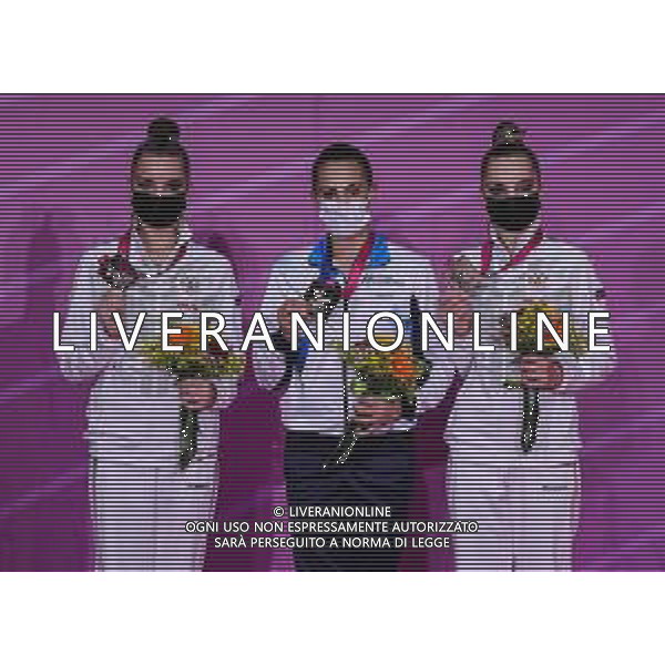 Carabellia/LMedia - Rhythmic Gymnastics World CUP 2021 - Gymnastics 30 May 2021 - Vitrifrigo Arena, pesaro, Italy Photo showing: Award ceremony ball Ashram Linoy (ISR) wins gold medal, Averina Dina (RUS) wins silver medal and Averina Arina (RUS) wins bronze medal @Carabellia/LMedia AG ALDO LIVERANI SAS