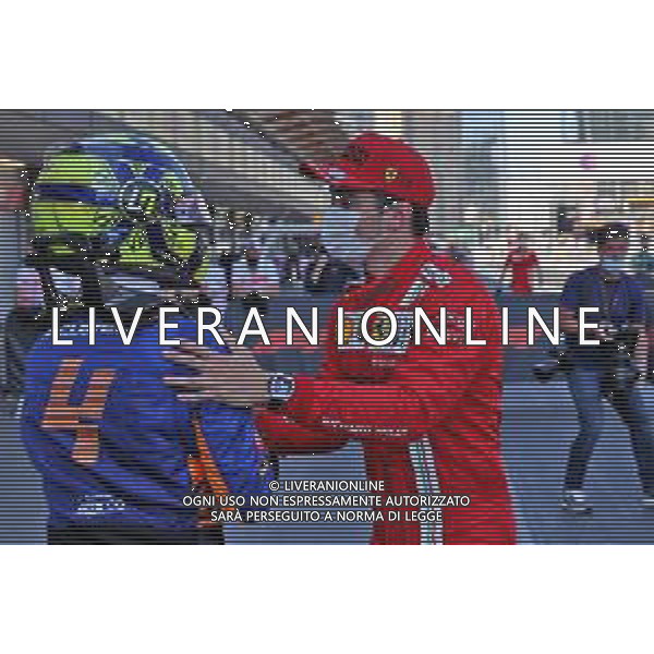 Charles Leclerc (MON) Ferrari (Right) celebrates his pole position in qualifying parc ferme with Lando Norris (GBR) McLaren. 05.06.2021. Formula 1 World Championship, Rd 6, Azerbaijan Grand Prix, Baku Street Circuit, Azerbaijan, Qualifying Day. - www.xpbimages.com, EMail: requests@xpbimages.com © Copyright: Batchelor / XPB Images/AGENZIA ALDO LIVERANI SAS - ITALY ONY EDITORIAL USE ONLY
