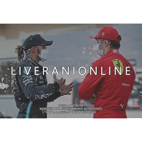 (L to R): Lewis Hamilton (GBR) Mercedes AMG F1 with Charles Leclerc (MON) Ferrari in qualifying parc ferme. 05.06.2021. Formula 1 World Championship, Rd 6, Azerbaijan Grand Prix, Baku Street Circuit, Azerbaijan, Qualifying Day. - www.xpbimages.com, EMail: requests@xpbimages.com © Copyright: Batchelor / XPB Images/AGENZIA ALDO LIVERANI SAS - ITALY ONLY EDITORIAL USE ONLY