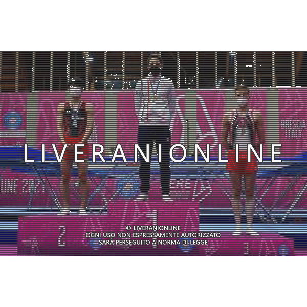 Marinil/LMedia - Trampoline World Cup individual - Gymnastics 05 June 2021 - Centro Sportivo San Filippo di Brescia, brescia, Italy Photo showing: Men Individual Podium Allan MORANTE FRA, Ryusei NISHIOKA JPN, Aleh RABTSAU BLR @Marinil/LMedia AG ALDO LIVERANI SAS