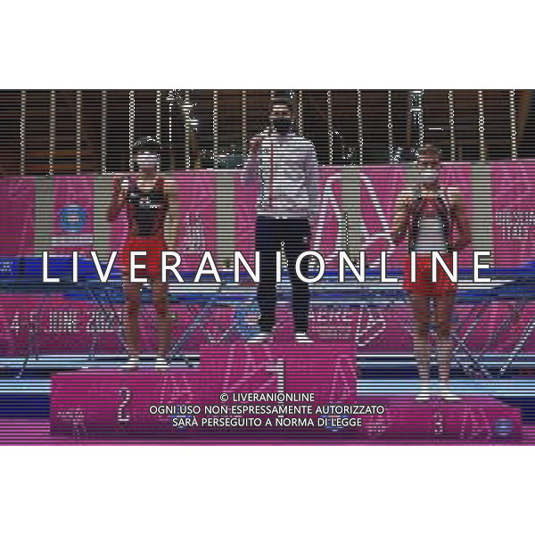 Marinil/LMedia - Trampoline World Cup individual - Gymnastics 05 June 2021 - Centro Sportivo San Filippo di Brescia, brescia, Italy Photo showing: Men Individual Podium Allan MORANTE FRA, Ryusei NISHIOKA JPN, Aleh RABTSAU BLR @Marinil/LMedia AG ALDO LIVERANI SAS