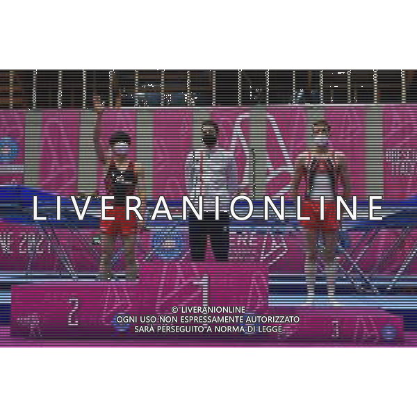 Marinil/LMedia - Trampoline World Cup individual - Gymnastics 05 June 2021 - Centro Sportivo San Filippo di Brescia, brescia, Italy Photo showing: Men Individual Podium Allan MORANTE FRA, Ryusei NISHIOKA JPN, Aleh RABTSAU BLR @Marinil/LMedia AG ALDO LIVERANI SAS