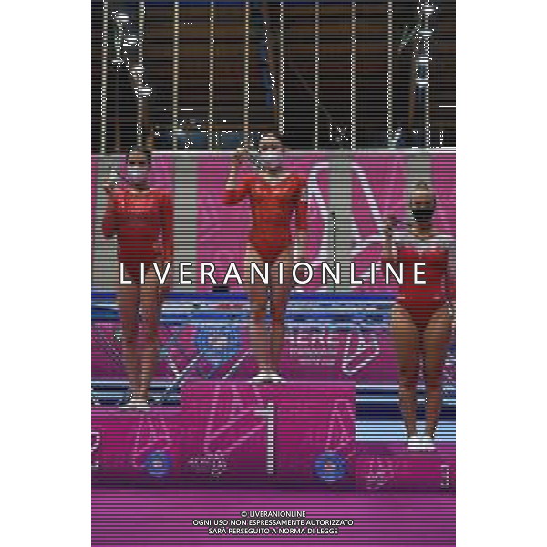 Marinil/LMedia - Trampoline World Cup individual - Gymnastics 05 June 2021 - Centro Sportivo San Filippo di Brescia, brescia, Italy Photo showing: Women\'s Individual Podium Hikaru MORI JPN, Anna KORNETSKATA RUS,Nicole AHSINGER USA @Marinil/LMedia AG ALDO LIVERANI SAS
