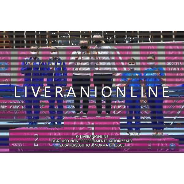 Marinil/LMedia - Trampoline World Cup 2021 - Synchro Women - Gymnastics 05 June 2021 - San Filippo Sport center, brescia, Italy Photo showing: Women\'s Synchronised Podium Lea LABROUSSE - Marine JUBERT Maryna KYIKO - Anna BAKUNOVYTSKA and Viktoryia KUIDAN - Katsiaryna YARSHOVA @Marinil/LMedia/AGENZIA ALDO LIVERANI SAS