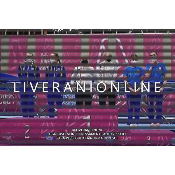 Marinil/LMedia - Trampoline World Cup 2021 - Synchro Women - Gymnastics 05 June 2021 - San Filippo Sport center, brescia, Italy Photo showing: Women\'s Synchronised Podium Lea LABROUSSE - Marine JUBERT Maryna KYIKO - Anna BAKUNOVYTSKA and Viktoryia KUIDAN - Katsiaryna YARSHOVA @Marinil/LMedia/AGENZIA ALDO LIVERANI SAS