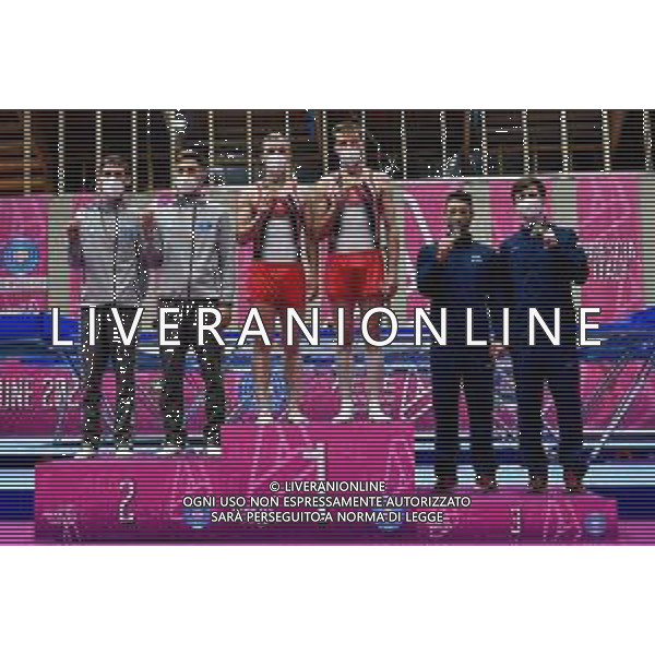 Marinil/LMedia - Trampoline World Cup Synchro Men - Gymnastics 05 June 2021 - Centro Sportivo San Filippo di Brescia, brescia, Italy Photo showing: Men Synchronised Podium Uladzislau HANCHAROU - Aleh RABTSAU BLR, Roman BARKOV - Danil MUSSABA KAZ, Jeffrey GLUCKSTEIN - Aliaksei SHOSTAK USA @Marinil/LMedia/AGENZIA ALDO LIVERANI SAS