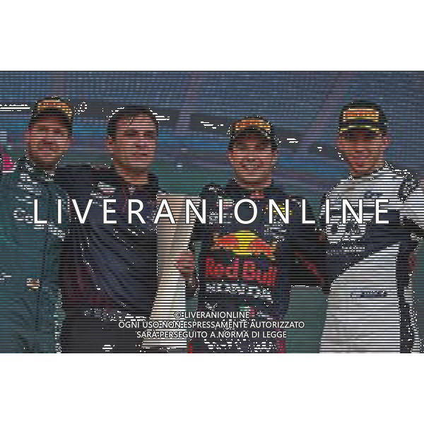 The podium (L to R): Sebastian Vettel (GER) Aston Martin F1 Team; second; Pierre Wache (FRA) Red Bull Racing Technical Director; Sergio Perez (MEX) Red Bull Racing, race winner; Pierre Gasly (FRA) AlphaTauri, third. 06.06.2021. Formula 1 World Championship, Rd 6, Azerbaijan Grand Prix, Baku Street Circuit, Azerbaijan, Race Day. - www.xpbimages.com, EMail: requests@xpbimages.com © Copyright: Moy / XPB Images/ AGENZIA ALDO LIVERANI SAS - ITALY ONLY EDITORIAL USE ONLY