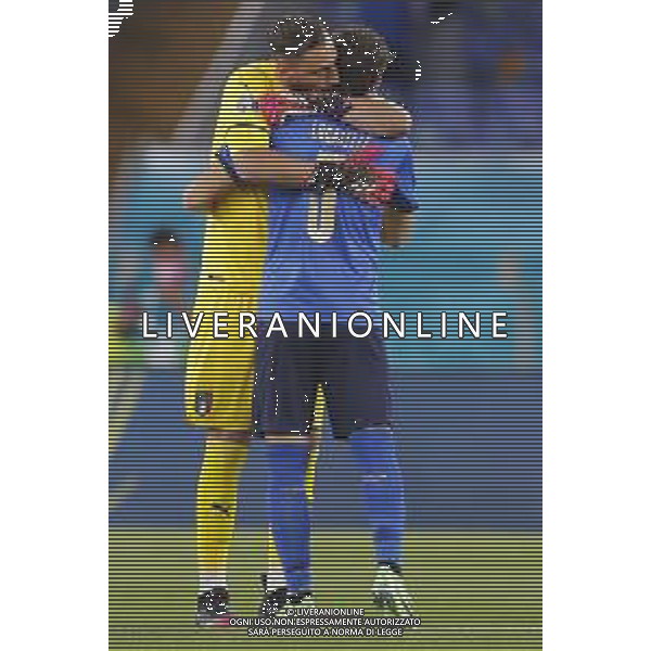 Campionato Europeo UEFA EURO 2020 gara del gruppo A ITALIA vs SVIZZERA del 16/06/2021 - nella foto: esultanza Donnarumma Gianluigi(Italia)Manuel Locatelli(Italia) abbraccio a fine gara ©Claudio Zamagni/Agenzia Aldo Liverani s.a.s. Donnarumma Gianluigi(Italia)Manuel Locatelli(Italia) during European UEFA Championship - UEFA Euro 2020 soccer match between Italy and Switzerland Olympic Stadium in Rome on June 16 2021 photo credit by Claudio Zamagni/Aldo Liverani Photo Agency/AGENZIA ALDO LIVERANI SAS
