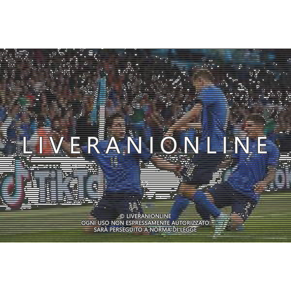 Campionato Europeo UEFA EURO 2020 gara semifinale ITALIA - SPAGNA del 06/07/2021 - nella foto: esultanza Chiesa Federico(Italia) Di Lorenzo Giovanni(Italia) Barella Nicolo’(Italia) dopo il goal ©Claudio Zamagni/Agenzia Aldo Liverani s.a.s. during European UEFA Championship - UEFA Euro 2020 semifinal soccer match between Italy and Spain at Wembley Stadium in London on July 06 2021 photo credit by Claudio Zamagni/Aldo Liverani Photo Agency /AGENZIA ALDO LIVERANI SAS