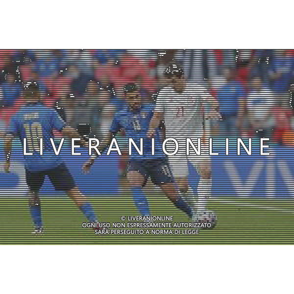 Campionato Europeo UEFA EURO 2020 gara semifinale ITALIA - SPAGNA del 06/07/2021 - nella foto: Mikel Oyarzabal Emerson(Italia) Insigne Lorenzo(Italia) ©Claudio Zamagni/Agenzia Aldo Liverani s.a.s. Mikel Oyarzabal Emerson(Italia) Insigne Lorenzo(Italia) during European UEFA Championship - UEFA Euro 2020 semifinal soccer match between Italy and Spain at Wembley Stadium in London on July 06 2021 photo credit by Claudio Zamagni/Aldo Liverani Photo Agency