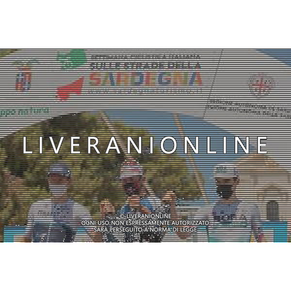18-7-2021. Settimana Ciclistica Italiana sulle strade della Sardegna. Gara internazionale di ciclismo. Quinta tappa, Cagliari, Sardegna, Italia. Salvatore Moi/Aldo Liverani s.a.s. Nella foto: da sinistra a desta: Sep Vanmarke (Israele), Diego Ulissi (Italia), Giovanni Aleotti (Italia).
