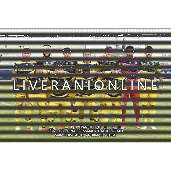 la formazione del Parma da SX Juraj Kucka, Simon Sohm, Botond Balogh, Riccardo Gagliolo, Adrian Benedyczak, Gianluigi Buffon e Stanko Juric; in basso da SX Lautaro Valenti, Daniele Iacoponni, Drissa Camara e Juan Francisco Brunetta Parma vs Trento amichevole precampionato San Michele all\'Adige 24-07-2021 foto Roberto Garavaglia/ag. Aldo Liverani sas