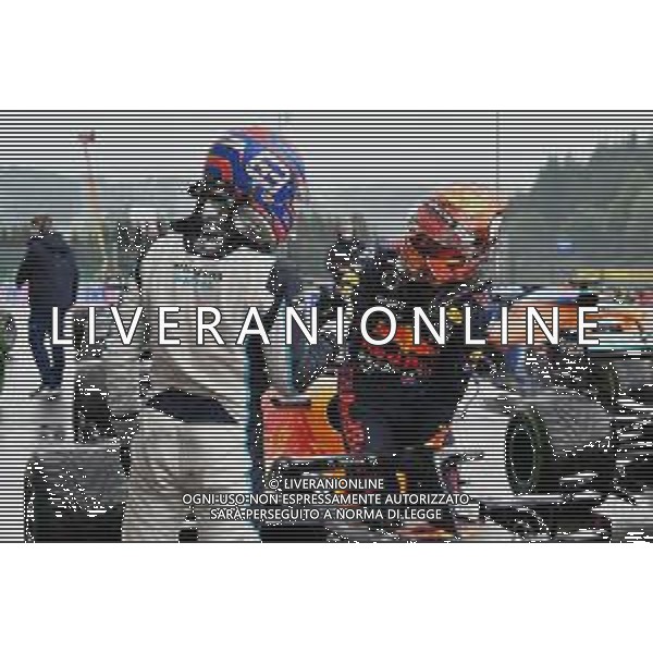 (L to R): George Russell (GBR) Williams Racing celebrates his second position in qualifying parc ferme with pole sitter Max Verstappen (NLD) Red Bull Racing RB16B. 28.08.2021. Formula 1 World Championship, Rd 12, Belgian Grand Prix, Spa Francorchamps, Belgium, Qualifying Day. - www.xpbimages.com, EMail: requests@xpbimages.com © Copyright: FIA Pool Image for Editorial Use Only/ AGENZIA ALDO LIVERANI SAS - ITALY ONLY EDITORIAL USE ONLY
