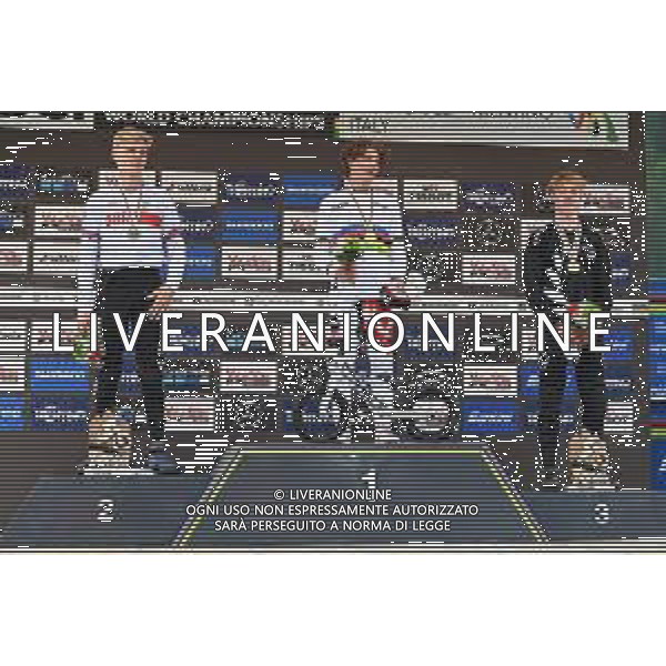 ¬© TVRG il podio da SX Jordan Williams (Gran Bretagna) 2o classificato, Jackson Goldstone (Canada) 1o classificato e Lachlan Stevens-McNab (Nuova Zelanada) 3o classificato specialita\' Downhill - gara maschile juniores UCI MTB World Championships 2021 Campionati del Mondo di Mountain Bike 25-29 agosto 2021 Val di Sole Daolasa di Commezzadura (TN) Centro sportivo BikeLand 29 agosto 2021 foto Roberto Garavaglia/ag. Aldo Liverani sas / AGENZIA ALDO LIVERANI SAS