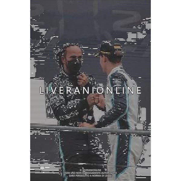 (L to R): Lewis Hamilton (GBR) Mercedes AMG F1 with George Russell (GBR) Williams Racing on the podium. 29.08.2021. Formula 1 World Championship, Rd 12, Belgian Grand Prix, Spa Francorchamps, Belgium, Race Day. - www.xpbimages.com, EMail: requests@xpbimages.com © Copyright: Charniaux / XPB Images / AGENZIA ALDO LIVERANI SAS - ITALY ONLY EDITORIAL USE ONLY