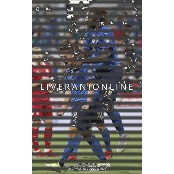 ITALIA vs LITUANIA Qualificazioni Europee del gruppo C ai Mondiali del Qatar 2022 del 08/09/2021 - nella foto: esultanza Raspadori Giacomo(Italia)-Kean Moise(Italia)-dopo il goal di Raspadori Giacomo(Italia)- ©Claudio Zamagni/Agenzia Aldo Liverani s.a.s. during European Qualifying Round of FIFA World Championship of Qatar 2022 between Italy and Lituania at Mapei Stadium on september 08 2021 in Reggio Emilia photo credit by Claudio Zamagni/Aldo Liverani Photo Agency/AGENZIA ALDO LIVERANI SAS