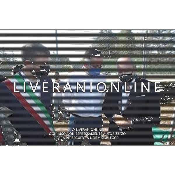 IMOLA 12 09 2021 AUTODROMO ENZO E DINO FERRARI DEDICATA VARIANTE ALTA AL CAMPIONE DEL MONDO E TEAM MANAGER FAUSTO GRESINI (CURVA GRESINI) NELLA FOTO PRESIDENTE DELLA REGIONE EMILIA ROMAGNA STEFANO BONACCINI SINDACO MARCO PANIERI E DIRETTORE DELL\'AUTODROMO PIETRO BENVENUTI FOTO GIANNI SANNA-AG ALDO LIVERANI SAS