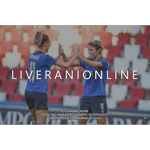 GriffoniE/LMedia - Women&#39;s World Cup 2023 Qualifiers - Italy vs Moldova - FIFA World Cup 17 September 2021 - Nereo Rocco stadium, Trieste, Italy Photo showing: Valentina Giacinti (Italy) celebrates after scoring a goal 3-0 with Barbara Bonansea (Italy) @GriffoniE/LMedia/AGENZIA ALDO LIVERANI SAS