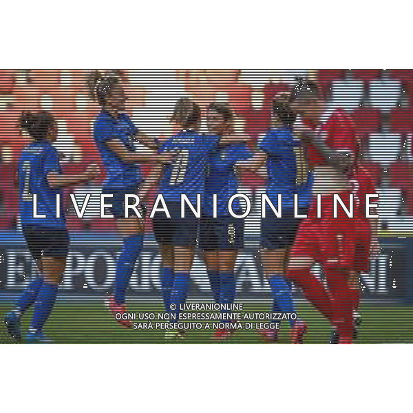 GriffoniE/LMedia - Women&#39;s World Cup 2023 Qualifiers - Italy vs Moldova - FIFA World Cup 17 September 2021 - Nereo Rocco stadium, Trieste, Italy Photo showing: Valentina Giacinti (Italy) celebrates after scoring a goal 3-0 with teammates @GriffoniE/LMedia/AGENZIA ALDO LIVERANI SAS