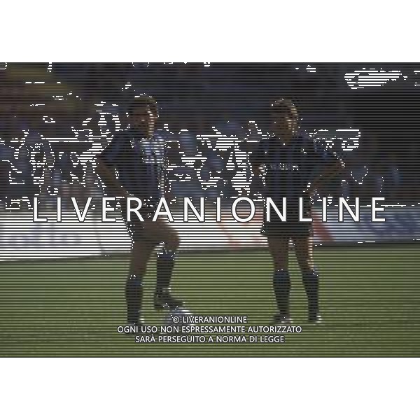 RETROSPETTIVA GIUSEPPE BARESI CALCIATORE NELLA FOTO GIUSEPPE BARESI CON LA MAGLIA DELL\'INTER CON LOTHAR MATTHAUS AG ALDO LIVERANI SAS
