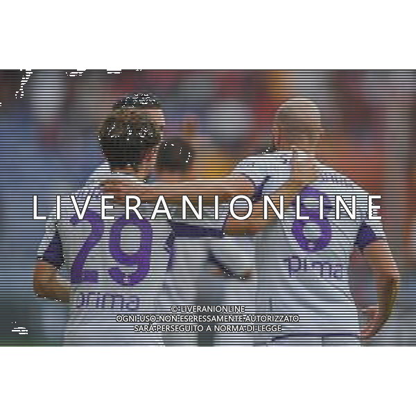 VigoD/LMedia - Genoa CFC vs ACF Fiorentina - Italian football Serie A match 2021/2022 18 September 2021 - Luigi Ferraris stadium, Genova, Italy Photo showing: Alvaro Odriozola (Fiorentina) and Riccardo SAPONARA (Fiorentina) celebrates after scoring a goal @VigoD/LMedia/ AGENZIA ALDO LIVERANI SAS