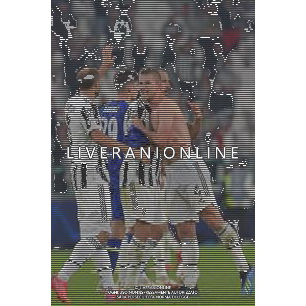 Torino 29.09.2021 Stadio Allianz Stadium ©Alessandro Falzone/Agenzia Aldo Liverani Juventus vs Chelsea Champions League 2021/2022 Nella foto : Matthijs de Ligt-Giorgio Chiellini-Leonardo BonucciEsultanze finali