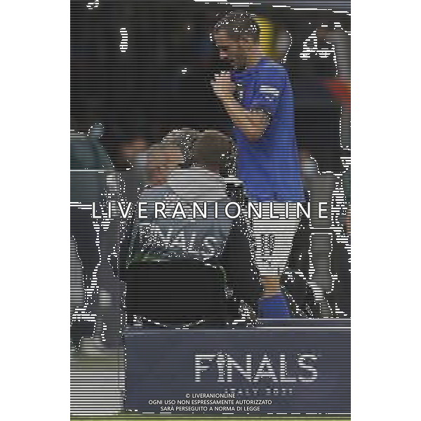 UEFA NATIONS LEAGUE 2021 gara semifinale ITALIA - SPAGNA del 06/10/2021 - nella foto:Leonardo Bonucci (Italy)esce dal campo dopo il cartellino rosso e l\'espulsione ©Claudio Zamagni/Agenzia Aldo Liverani s.a.s. during European UEFA Nations League 2021 semifinal soccer match between Italy and Spain at san Siro Stadium in Milan on October 06 2021 photo credit by Claudio Zamagni/Aldo Liverani Photo Agency/AGENZIA ALDO LIVERANI SAS