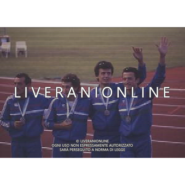 1983 HELSINKI CAMPIONATI DEL MONDO DI ATLETICA LEGGERA NELLA FOTO PIER FRANCESCO PAVONI CON PIETRO MENNEA STEFANO TILLI E CARLO SIMIONATO STAFFETTA 4X4 AG ALDO LIVERANI SAS
