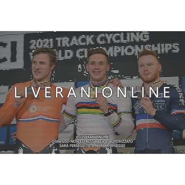 24-10-2021 World Championships Elite Track; Giornata 05; 2021, Olanda; 2021, France; Lavreysen, Harrie; Hoogland, Jeffrey; Vigier, Sebastien; Roubaix; ©SIROTTI/ AGENZIA ALDO LIVERANI SAS