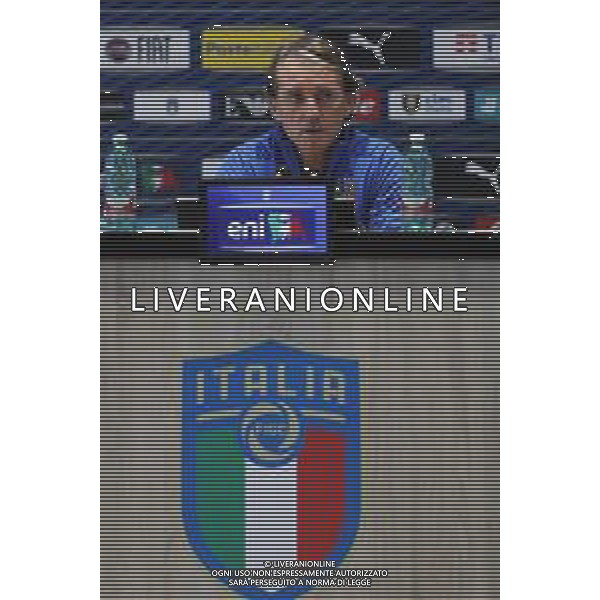 Ritiro della Nazionale Italiana di Calcio presso il centro tecnico federale della FIGC a Coverciano - nella foto: il CT Roberto Mancini in conferenza stampa ©Claudio Zamagni/Agenzia Aldo Liverani