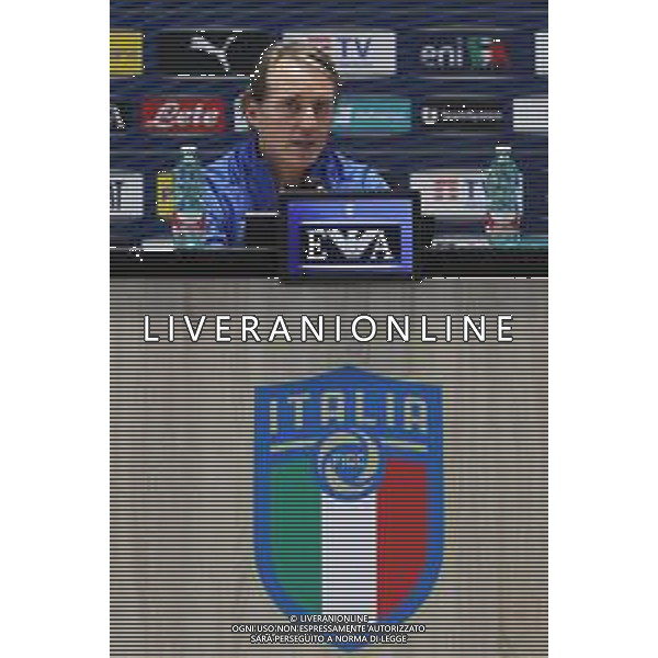 Ritiro della Nazionale Italiana di Calcio presso il centro tecnico federale della FIGC a Coverciano - nella foto: il CT Roberto Mancini in conferenza stampa ©Claudio Zamagni/Agenzia Aldo Liverani