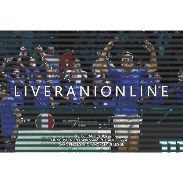 Torino 26.11.2021 PalaAlpitour Davis Cup by Rakuten Finals 2021 Stati Uniti vs Italia ©Manuela Viganti/Agenzia Aldo Liverani Nella foto: esultanza lorenzo sonego a fine gara ©VIGANTI/AGENZIA ALDO LIVERANI SAS