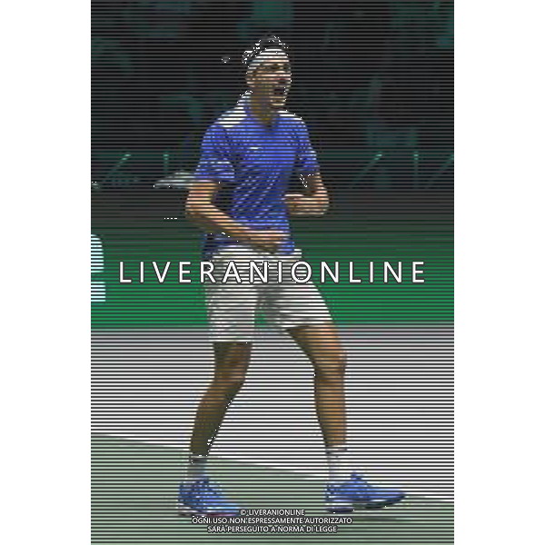 Torino 26.11.2021 PalaAlpitour Davis Cup by Rakuten Finals 2021 Stati Uniti vs Italia ©Manuela Viganti/Agenzia Aldo Liverani Nella foto: esultanza lorenzo sonego a fine gara ©VIGANTI/AGENZIA ALDO LIVERANI SAS