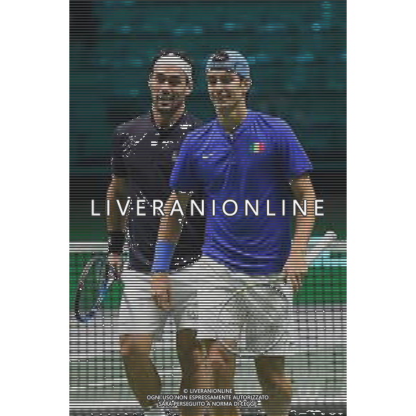Torino 26.11.2021 PalaAlpitour Davis Cup by Rakuten Finals 2021 Stati Uniti vs Italia ©Manuela Viganti/Agenzia Aldo Liverani Nella foto: fabio fognini e lorenzo musetti ©VIGANTI/AGENZIA ALDO LIVERANI SAS