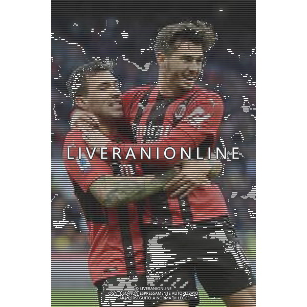 Alessio Romagnoli (Milan) SX e Brahim Diaz (Milan) DX esultano dopo il gol dell\'1 a 0 Milan vs Sassuolo Campionato Serie A TIM - 14a giornata Milano 28-11-2021 Stadio Giuseppe Meazza - San Siro foto Roberto Garavaglia/ag. Aldo Liverani sas