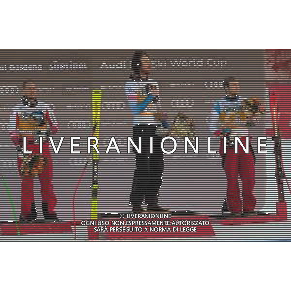 TommasiniR/LMedia - 2021 FIS Ski World Cup - Men&#39;s Downhill - alpine ski race 18 December 2021 - Saslong, Val Gardena, Italy Photo showing: The podium of Saslong downhill in Val Gardena - Bryce Bennet (USA) (First) - Otmar Striedinger (AUT) (Second) - Niels Hintermann (SUI) (Third) @TommasiniR/LMedia/AGENZIA ALDO LIVERANI SAS