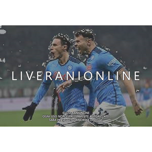 esultanza Napoli dopo il gol dell\'1 a 0 Eljif Elmas con andrea petagna Milan vs Napoli Campionato Serie A TIM - 18a giornata Milano 19-12-2021 Stadio Giuseppe Meazza - San Siro foto Roberto Garavaglia/ag. Aldo Liverani sas /AGENZIA ALDO LIVERANI SAS