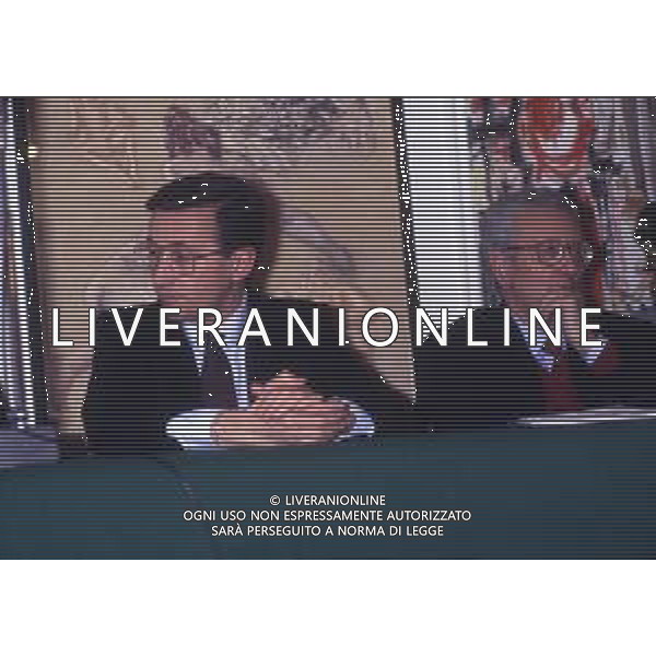 RETROSPETTIVA GIANFRANCO FINI POLITICO NELLA FOTO GIANFRANCO FINI A MILANO NELL\'ANNO 1990 CON PINO RAUTI AG ALDO LIVERANI SAS