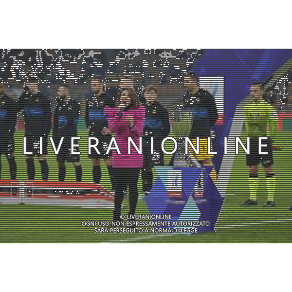 Milano 12.01.2022 Stadio Giuseppe Meazza ©Alessandro Falzone/Agenzia Aldo Liverani Inter vs Juventus Supercoppa Frecciarossa Nella foto : Arianna bergamaschi canta l\'Inno di Mameli ©TVAF Falzone/AGENZIA ALDO LIVERANI SAS
