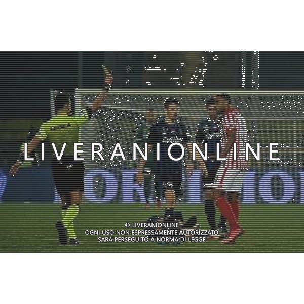 Gabriele Masotti/LMedia - AC Pisa vs LR Vicenza - Italian soccer Serie B match 2021/2022 February 15 2022 - Arena Garibaldi Pisa, Italy AC Pisa vs LR Vicenza Photo showing: arbitro - The referee Antonio Di Martino shows yellow card to Davide Djily Diaw (Vicenza) - cartellino giallo ammonizione @Gabriele Masotti/LiveMedia /AGENZIA ALDO LIVERANI SAS