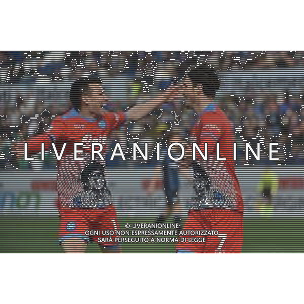 Hirving Lozano (Napoli) SX e Eljif Elmas (Napoli) DX esultano dopo il gol del 3 a 1 Atalanta vs Napoli Campionato Serie A TIM - 31a giornata Bergamo 03-04-2022 Gewiss Stadium - Stadio Atleti Azzurri d\'Italia foto Roberto Garavaglia/ag. Aldo Liverani sas