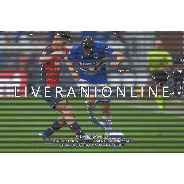 Danilo Vigo/LMedia - UC Sampdoria vs Genoa CFC - italian soccer Serie A match 2021/2022 April 30 2022 - Luigi Ferraris stadium Genova, Italy UC Sampdoria vs Genoa CFC Photo showing: Pablo Ignacio Galdames Millan (Genoa) - Antonio Candreva (Sampdoria) @Danilo Vigo/LiveMedia /AGENZIA ALDO LIVERANI SAS