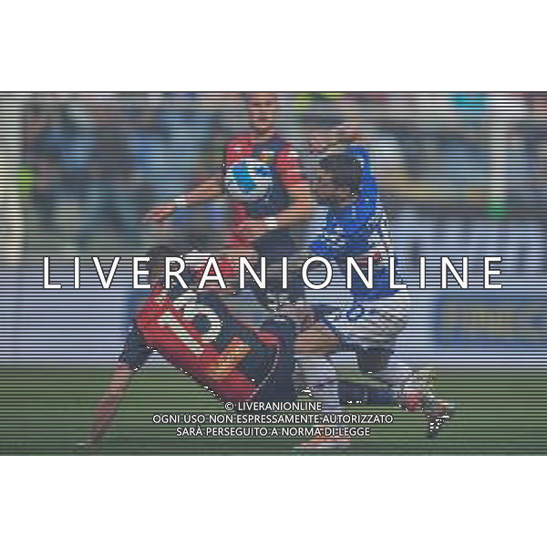 Danilo Vigo/LMedia - UC Sampdoria vs Genoa CFC - italian soccer Serie A match 2021/2022 April 30 2022 - Luigi Ferraris stadium Genova, Italy UC Sampdoria vs Genoa CFC Photo showing: Mattia Bani (Genoa) - Francesco Caputo (Sampdoria) @Danilo Vigo/LiveMedia /AGENZIA ALDO LIVERANI SAS