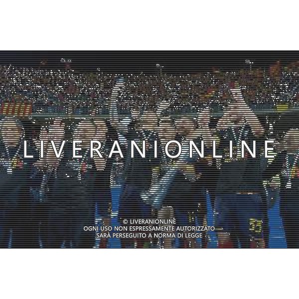 Emmanuele Mastrodonato/LMedia - US Lecce vs Pordenone Calcio - Italian soccer Serie B match 2021/2022 May 06 2022 - Stadio Via del Mare Lecce, Italy US Lecce vs Pordenone Calcio Photo showing: Mario Gargiulo (US Lecce) Francesco Di Mariano (US Lecce) John Bjorkengren (US Lecce) celebrates for the championship victory with the cup @Emmanuele Mastrodonato/LiveMedia AG ALDO LIVERANI SAS