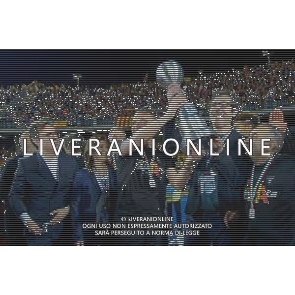 Emmanuele Mastrodonato/LMedia - US Lecce vs Pordenone Calcio - Italian soccer Serie B match 2021/2022 May 06 2022 - Stadio Via del Mare Lecce, Italy US Lecce vs Pordenone Calcio Photo showing: The president Sticchi Damiani celebrates for the championship victory with the cup @Emmanuele Mastrodonato/LiveMedia AG ALDO LIVERANI SAS